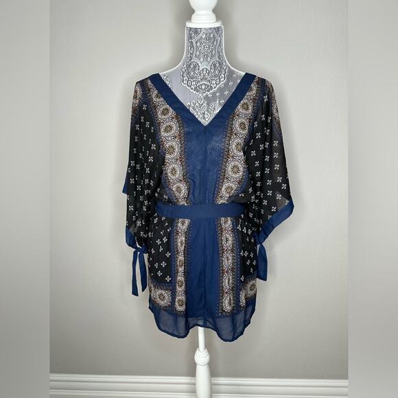 FREE PEOPLE Womens Boho Printed Kimono Tied Sleeve V-Neck Mini Dress Size XS - Picture 3 of 12